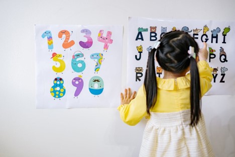 A little girl reading alphabets